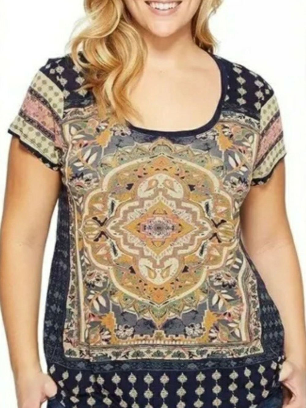 Lucky Brand Navy Multicolor Medallion Scoop Neck Tee